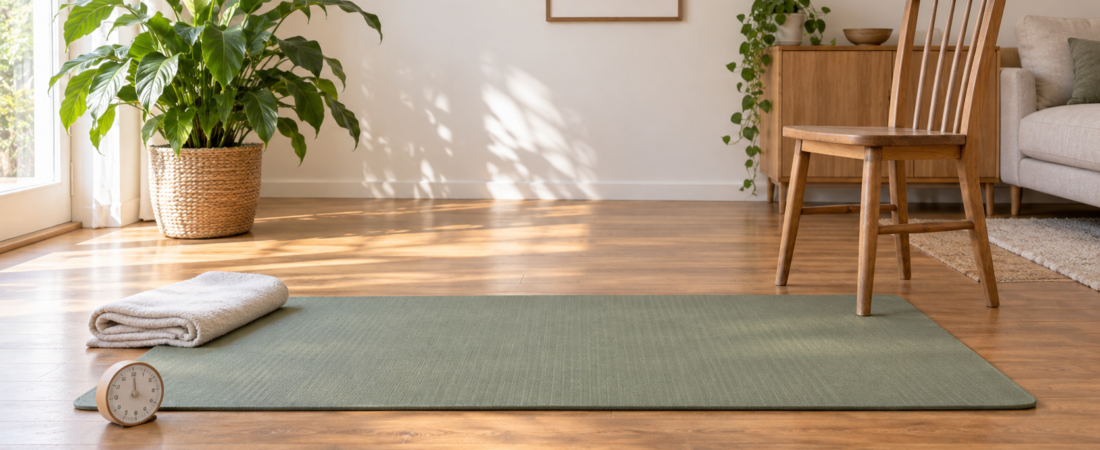 A simple home qigong practice area with a nonslip mat, folded cotton layer, analog timer, and sturdy wooden chair