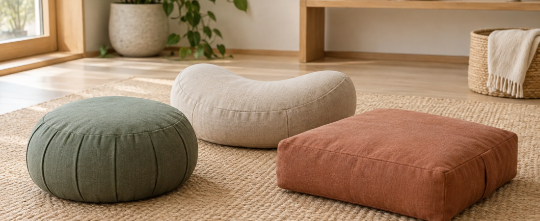 Three unbranded meditation cushions in round, crescent, and rectangular shapes on a natural-fiber mat