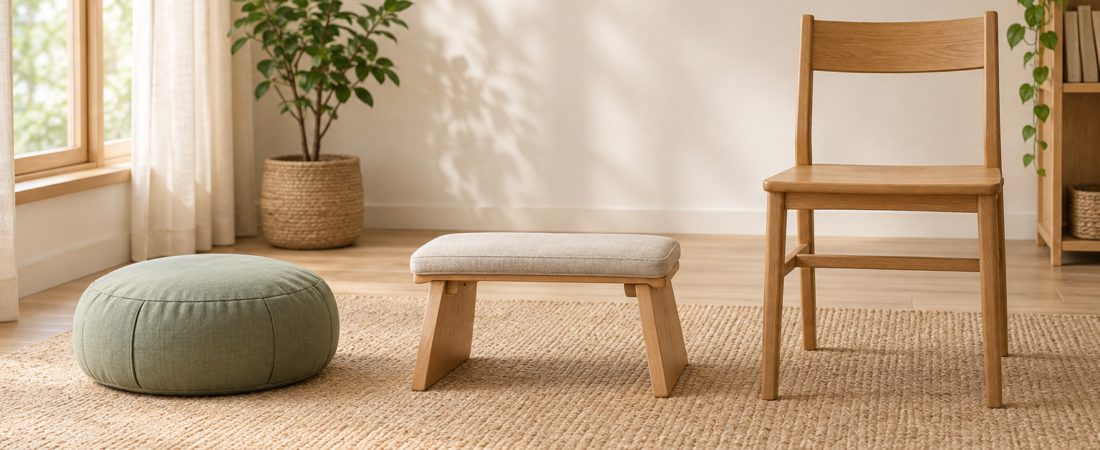 A round meditation cushion, low wooden kneeling bench, and upright wooden chair arranged side by side on a woven mat