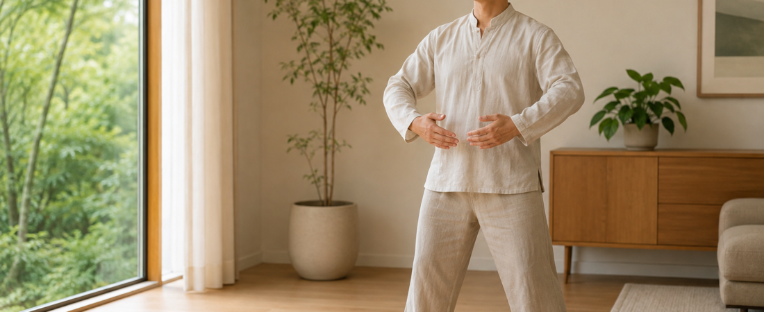 Adult practicing gentle qigong breathing in a bright living room