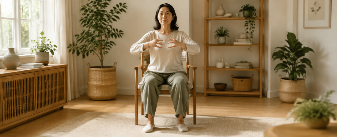 Adult practicing gentle seated qigong on a stable chair at home