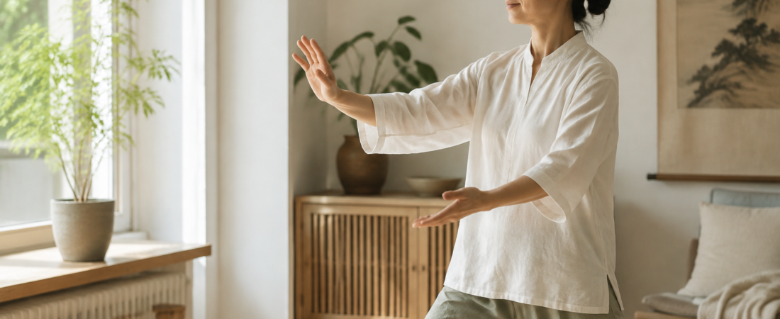 Woman practicing gentle qigong at home in morning light
